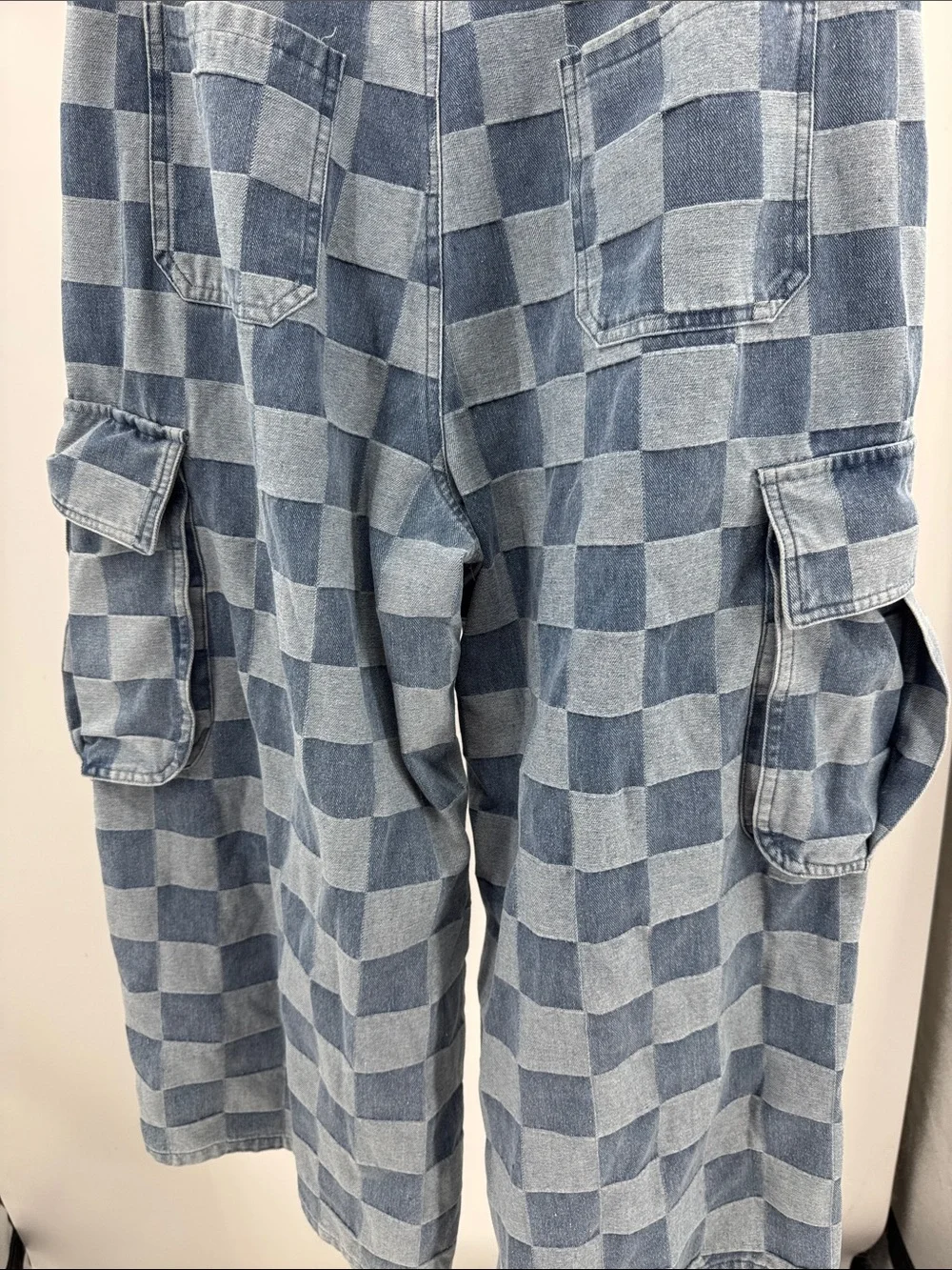 Bibi Checkerboard Denim Cargo wide leg barrel Jeans Pants Two-Tone Blue XL denim - Picture 4 of 11